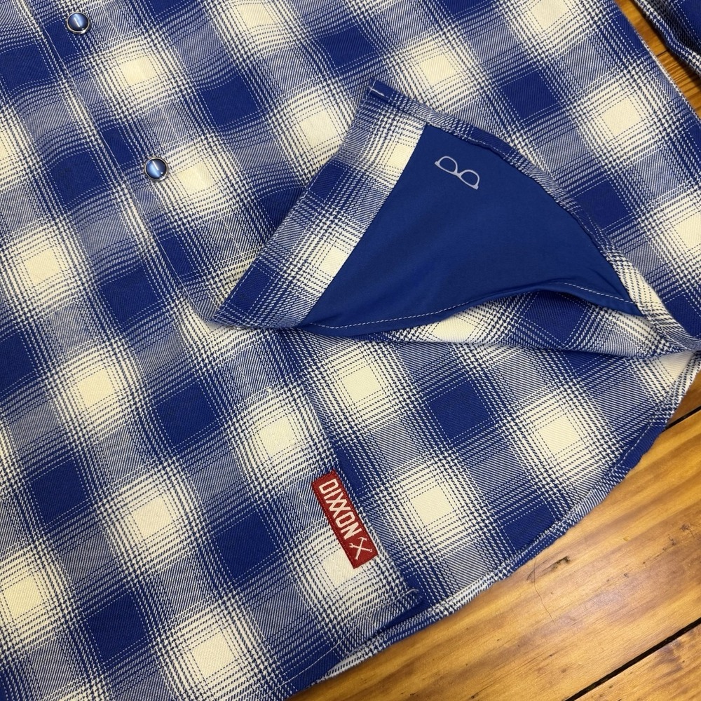 Dixxon Wipeout Flannel Mens Small Pearl Snap Button Down Shirt Blue White Plaid - Picture 7 of 13